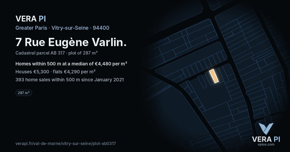 7 Rue Eugène Varlin, Vitry-sur-Seine at night – the plot lit, the parcels around coloured by the prices near them