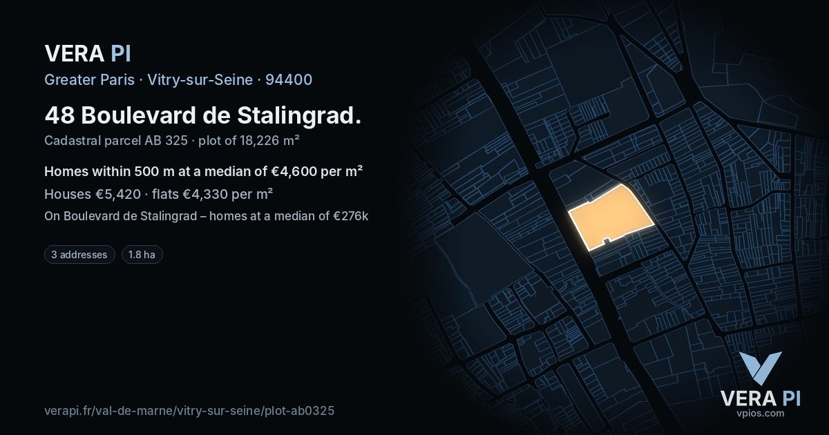 48 Boulevard de Stalingrad, Vitry-sur-Seine at night – the plot lit, the parcels around coloured by the prices near them