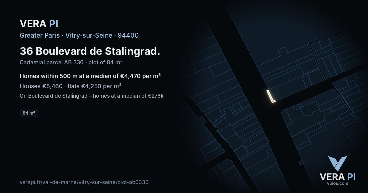 36 Boulevard de Stalingrad, Vitry-sur-Seine at night – the plot lit, the parcels around coloured by the prices near them