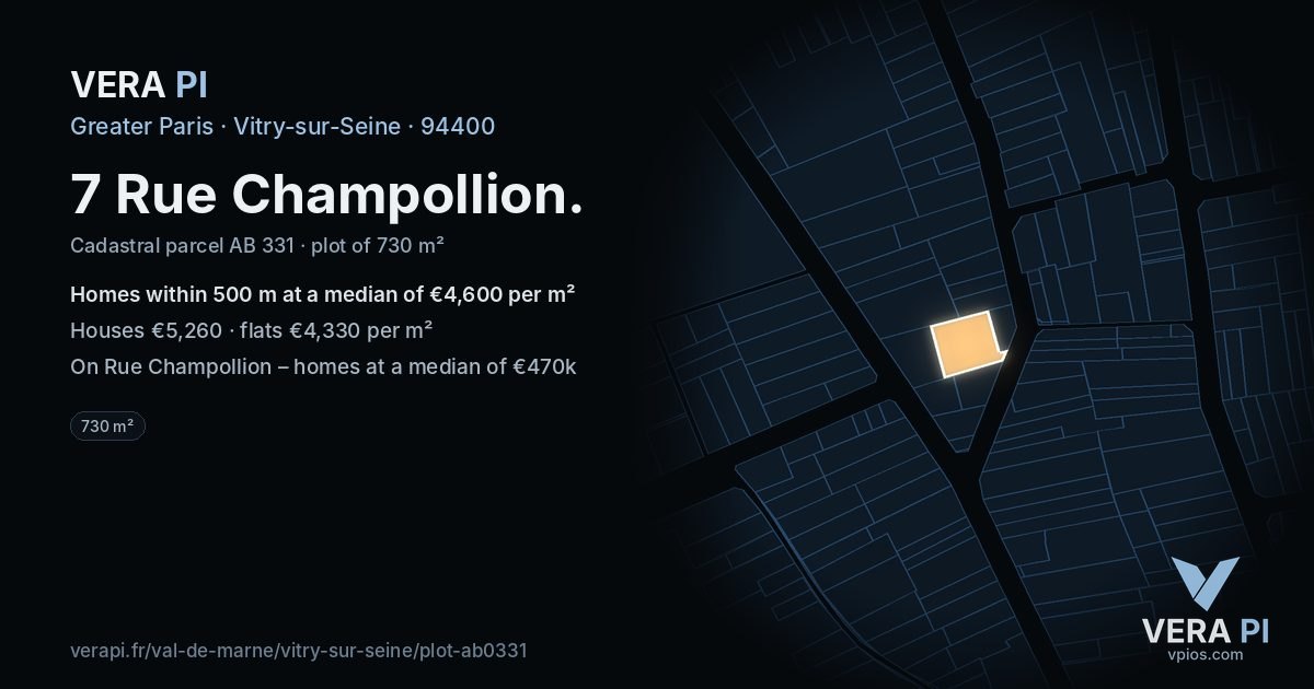 7 Rue Champollion, Vitry-sur-Seine at night – the plot lit, the parcels around coloured by the prices near them