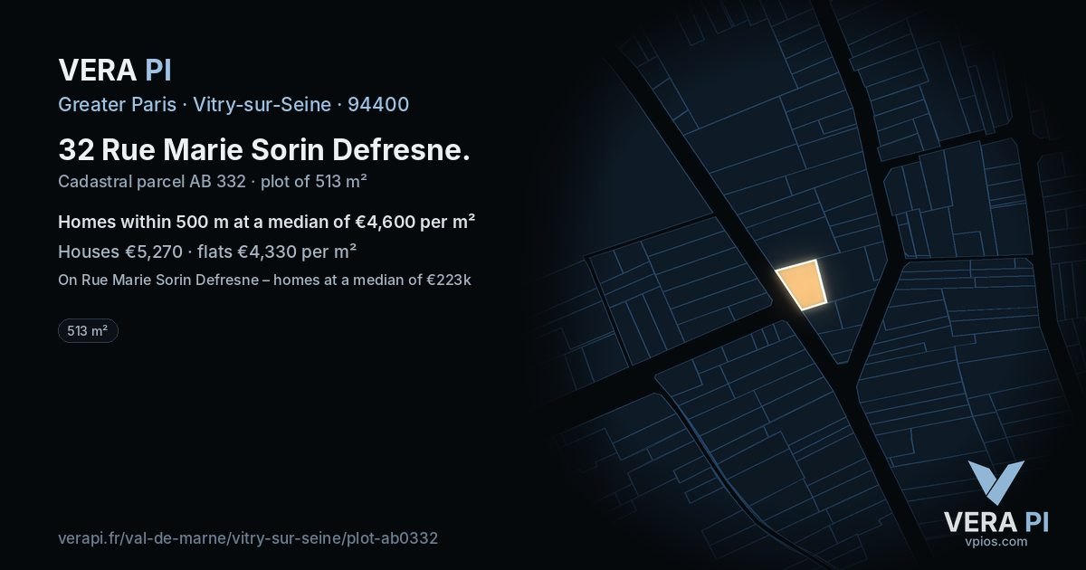 32 Rue Marie Sorin Defresne, Vitry-sur-Seine at night – the plot lit, the parcels around coloured by the prices near them