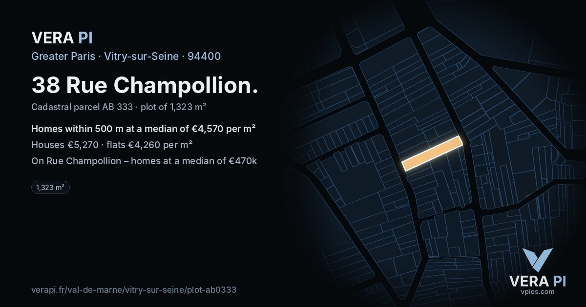 38 Rue Champollion, Vitry-sur-Seine at night – the plot lit, the parcels around coloured by the prices near them