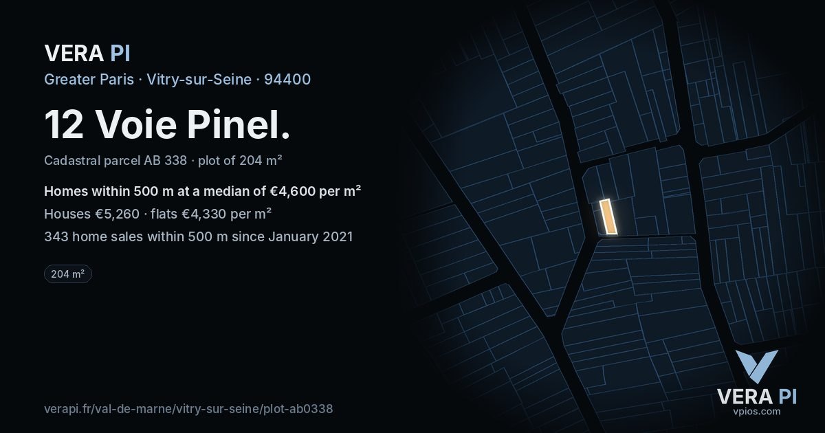 12 Voie Pinel, Vitry-sur-Seine at night – the plot lit, the parcels around coloured by the prices near them