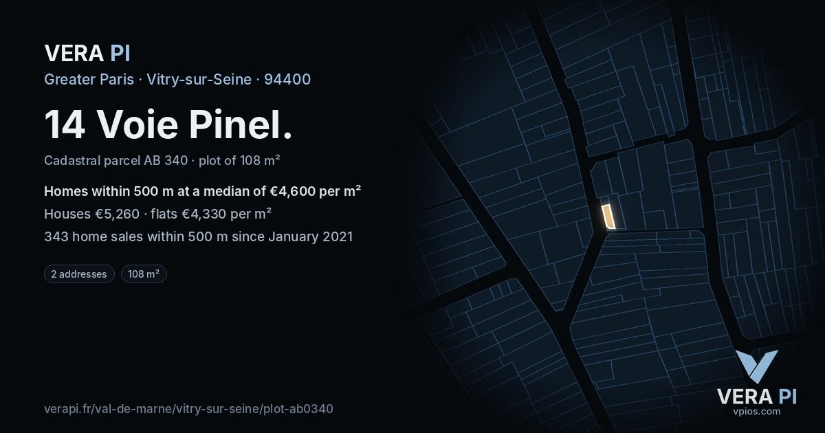 14 Voie Pinel, Vitry-sur-Seine at night – the plot lit, the parcels around coloured by the prices near them