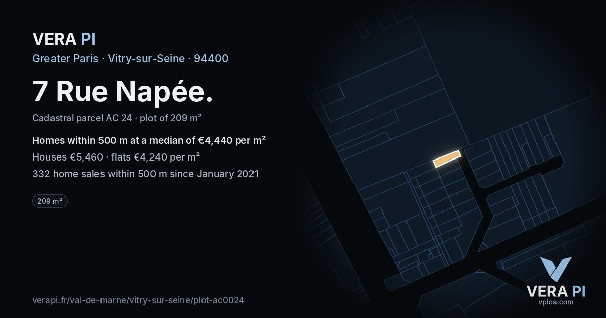 7 Rue Napée, Vitry-sur-Seine at night – the plot lit, the parcels around coloured by the prices near them