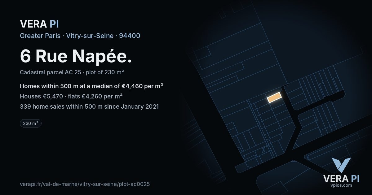 6 Rue Napée, Vitry-sur-Seine at night – the plot lit, the parcels around coloured by the prices near them