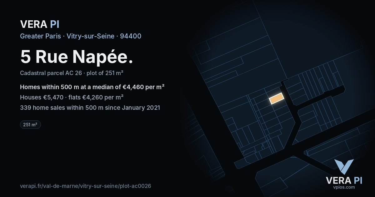 5 Rue Napée, Vitry-sur-Seine at night – the plot lit, the parcels around coloured by the prices near them