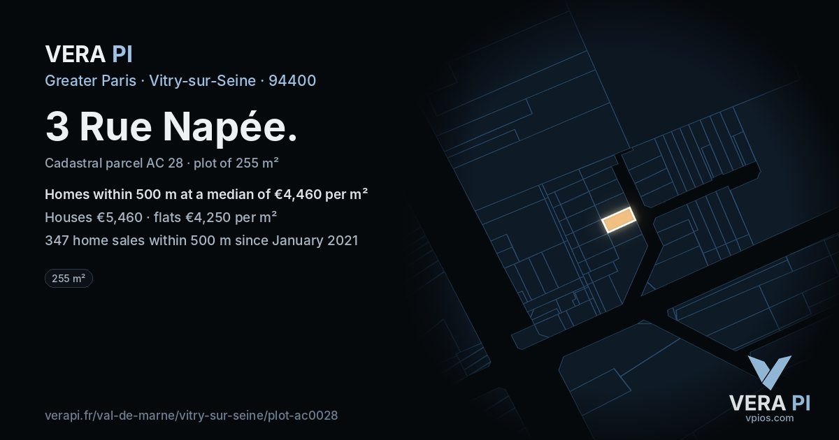 3 Rue Napée, Vitry-sur-Seine at night – the plot lit, the parcels around coloured by the prices near them