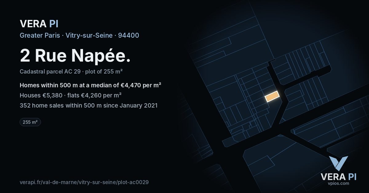 2 Rue Napée, Vitry-sur-Seine at night – the plot lit, the parcels around coloured by the prices near them