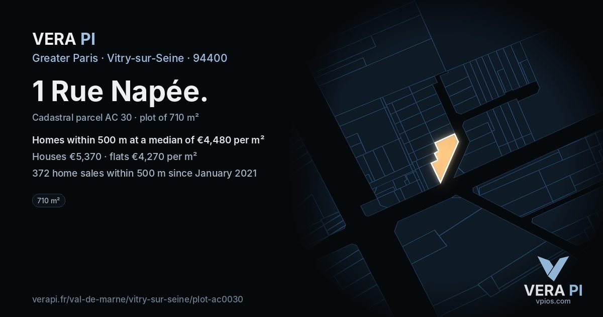 1 Rue Napée, Vitry-sur-Seine at night – the plot lit, the parcels around coloured by the prices near them