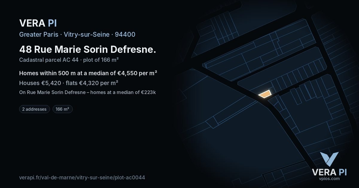 48 Rue Marie Sorin Defresne, Vitry-sur-Seine at night – the plot lit, the parcels around coloured by the prices near them