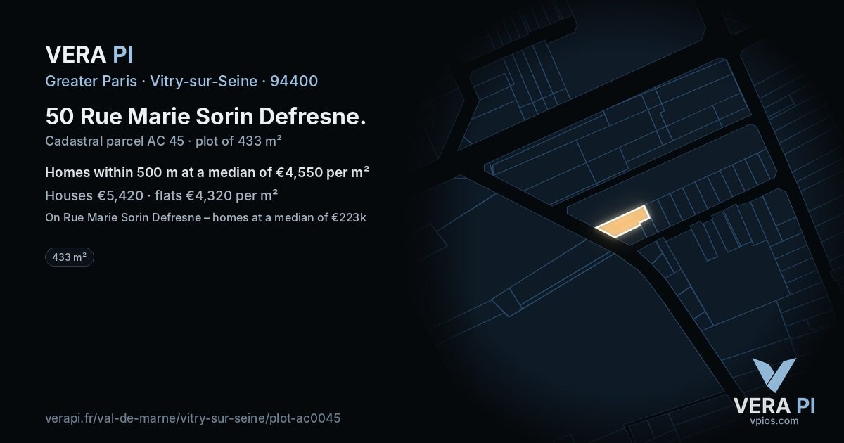 50 Rue Marie Sorin Defresne, Vitry-sur-Seine at night – the plot lit, the parcels around coloured by the prices near them