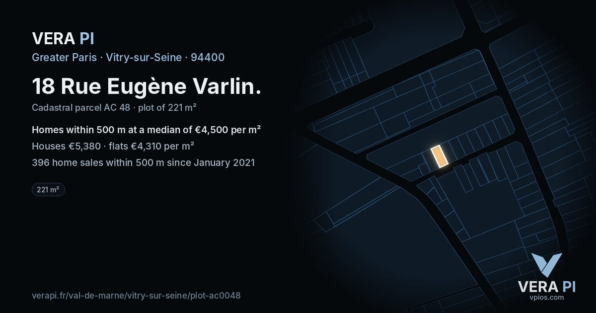 18 Rue Eugène Varlin, Vitry-sur-Seine at night – the plot lit, the parcels around coloured by the prices near them
