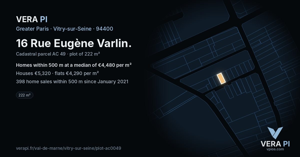 16 Rue Eugène Varlin, Vitry-sur-Seine at night – the plot lit, the parcels around coloured by the prices near them