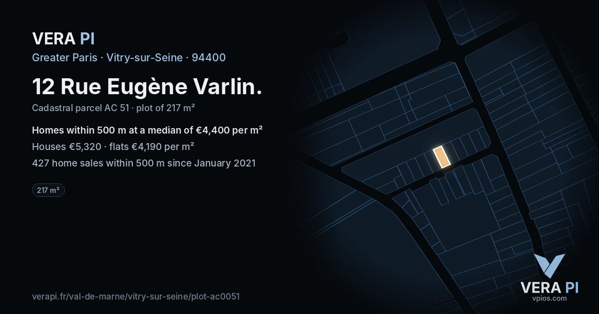 12 Rue Eugène Varlin, Vitry-sur-Seine at night – the plot lit, the parcels around coloured by the prices near them