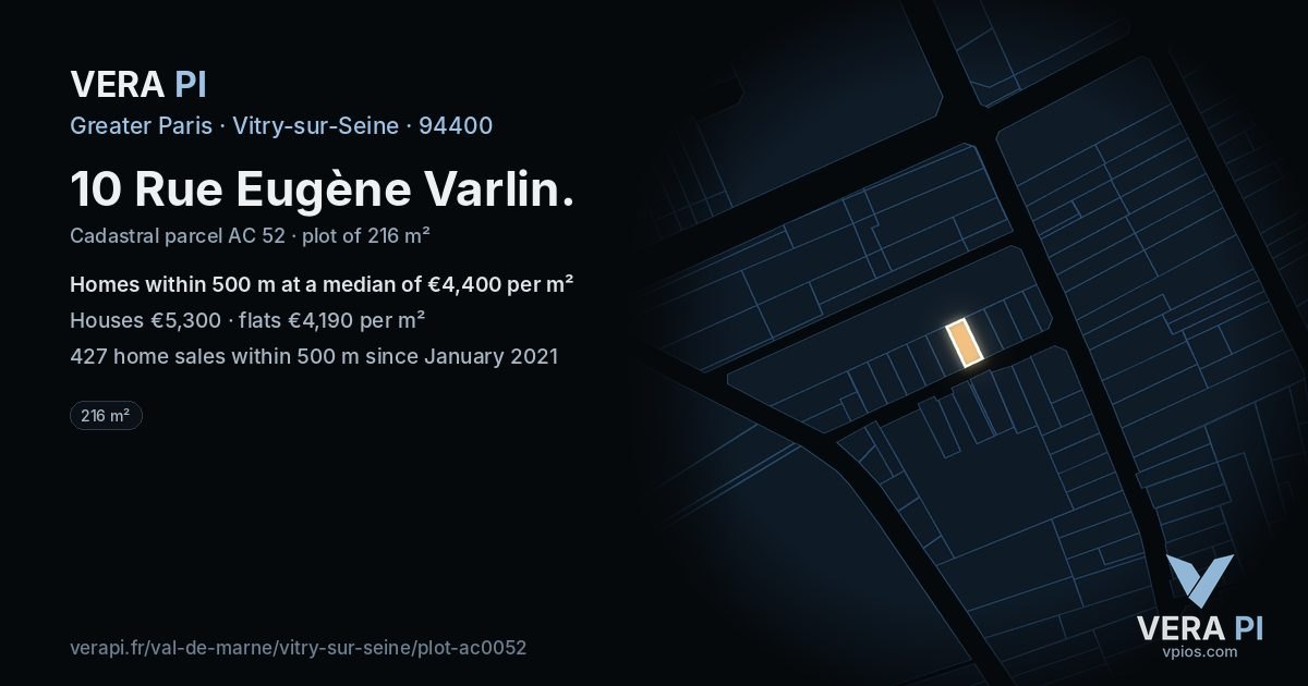 10 Rue Eugène Varlin, Vitry-sur-Seine at night – the plot lit, the parcels around coloured by the prices near them