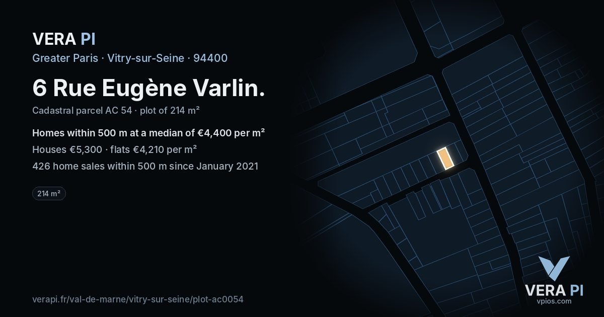 6 Rue Eugène Varlin, Vitry-sur-Seine at night – the plot lit, the parcels around coloured by the prices near them
