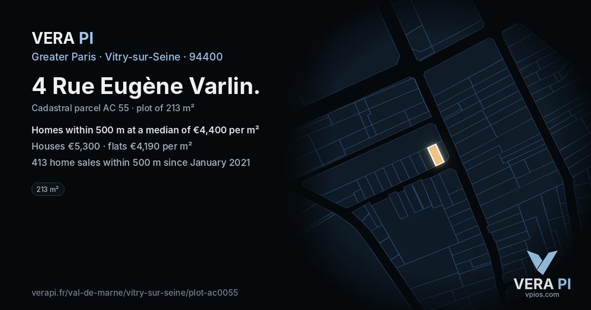 4 Rue Eugène Varlin, Vitry-sur-Seine at night – the plot lit, the parcels around coloured by the prices near them