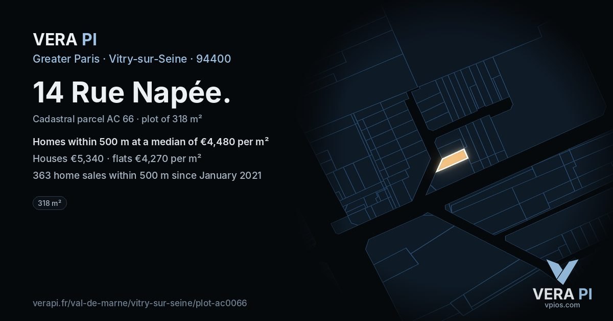 14 Rue Napée, Vitry-sur-Seine at night – the plot lit, the parcels around coloured by the prices near them