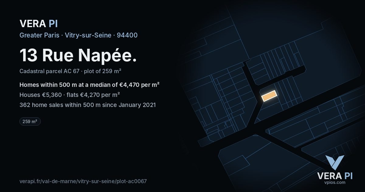 13 Rue Napée, Vitry-sur-Seine at night – the plot lit, the parcels around coloured by the prices near them