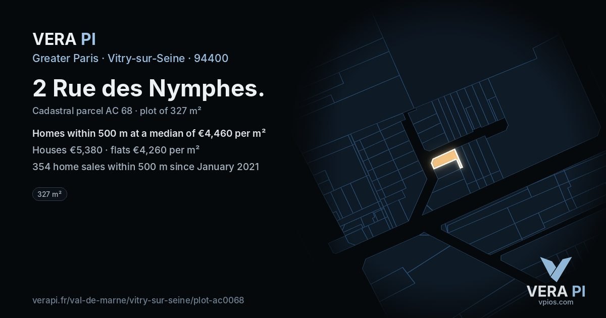 2 Rue des Nymphes, Vitry-sur-Seine at night – the plot lit, the parcels around coloured by the prices near them