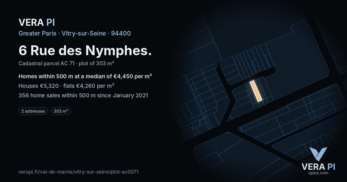 6 Rue des Nymphes, Vitry-sur-Seine at night – the plot lit, the parcels around coloured by the prices near them