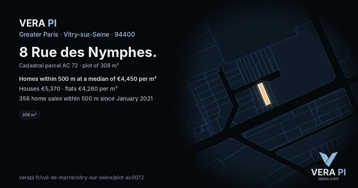 8 Rue des Nymphes, Vitry-sur-Seine at night – the plot lit, the parcels around coloured by the prices near them