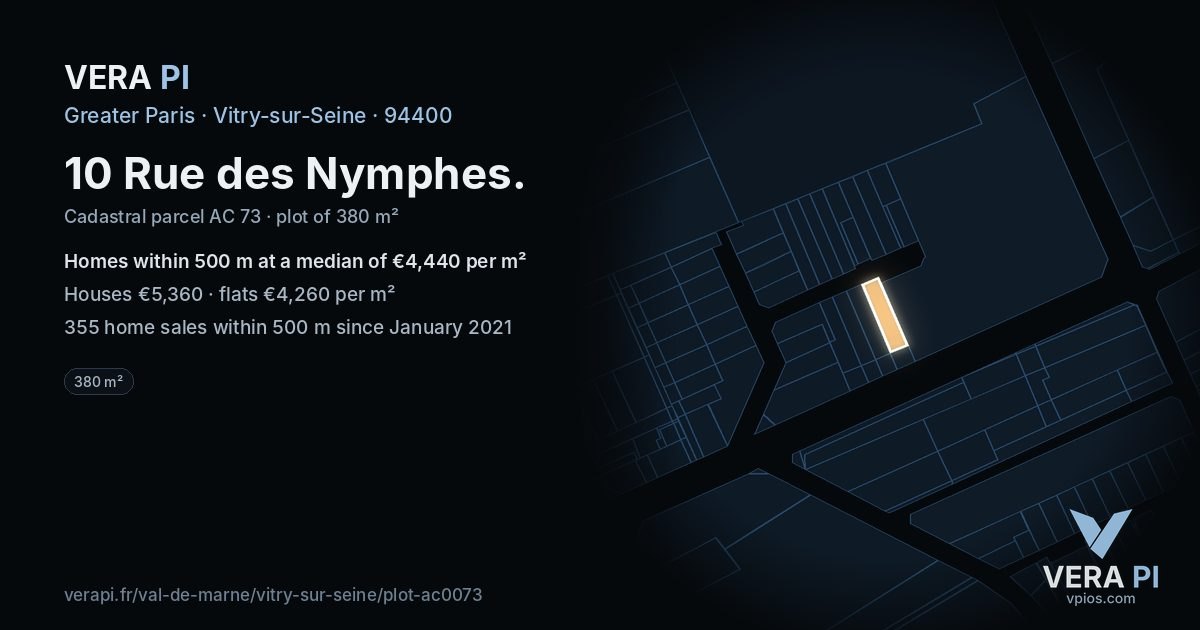 10 Rue des Nymphes, Vitry-sur-Seine at night – the plot lit, the parcels around coloured by the prices near them