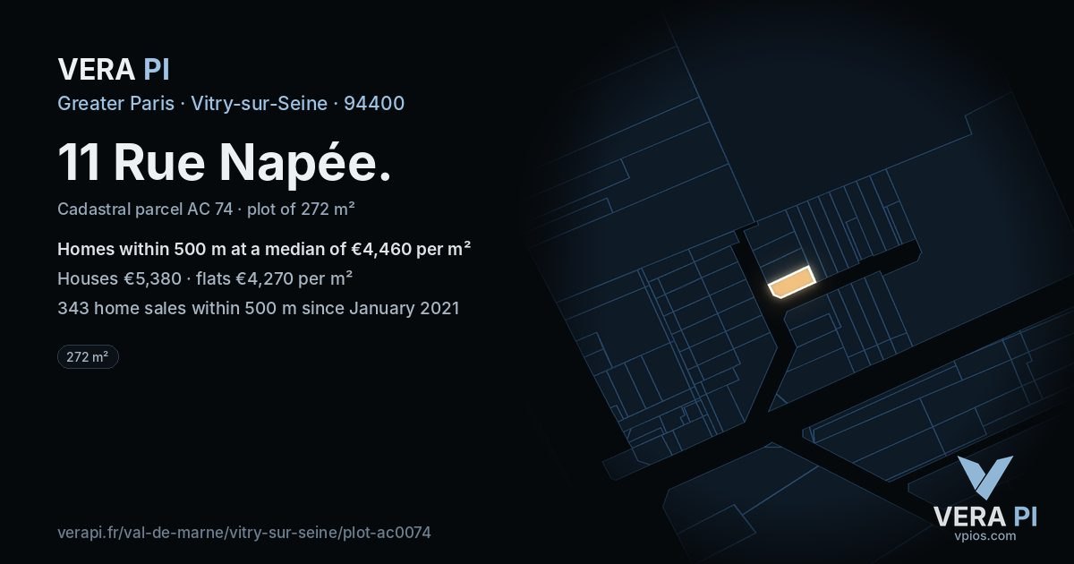 11 Rue Napée, Vitry-sur-Seine at night – the plot lit, the parcels around coloured by the prices near them
