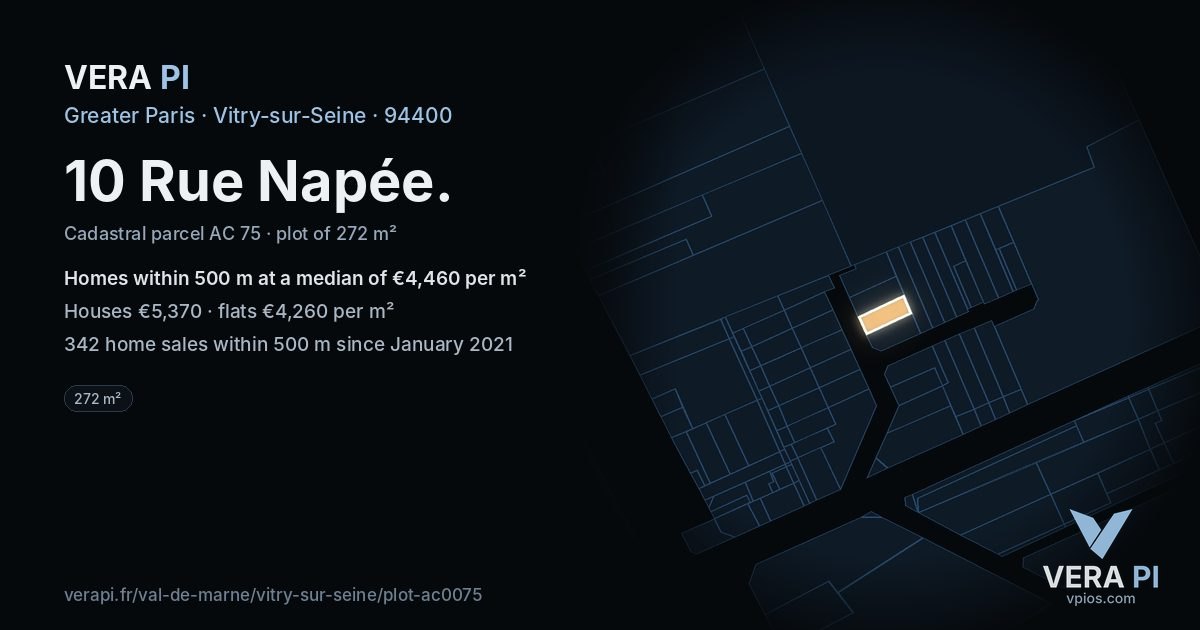 10 Rue Napée, Vitry-sur-Seine at night – the plot lit, the parcels around coloured by the prices near them