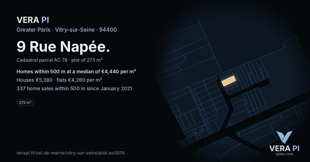 9 Rue Napée, Vitry-sur-Seine at night – the plot lit, the parcels around coloured by the prices near them