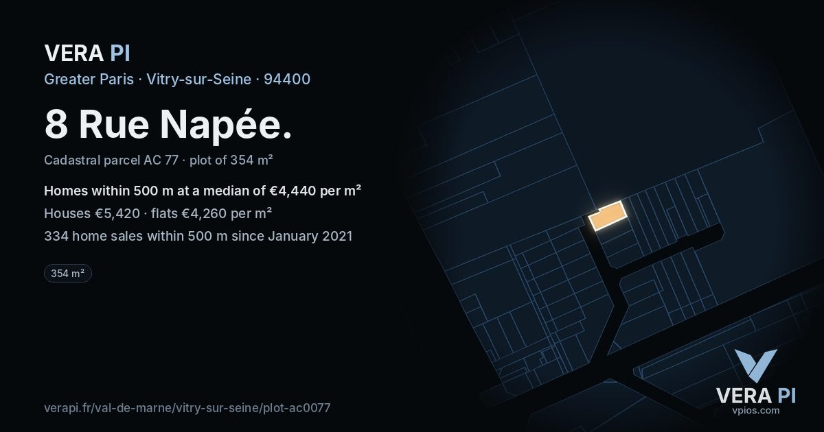 8 Rue Napée, Vitry-sur-Seine at night – the plot lit, the parcels around coloured by the prices near them