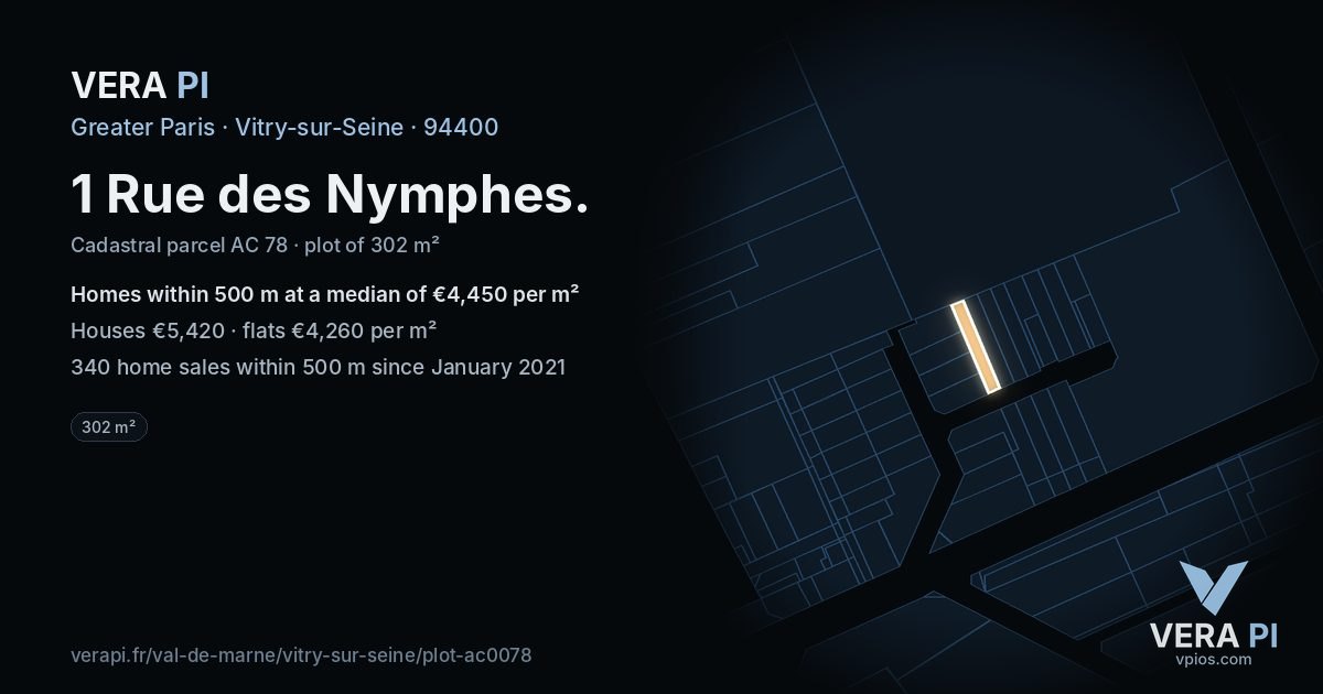 1 Rue des Nymphes, Vitry-sur-Seine at night – the plot lit, the parcels around coloured by the prices near them