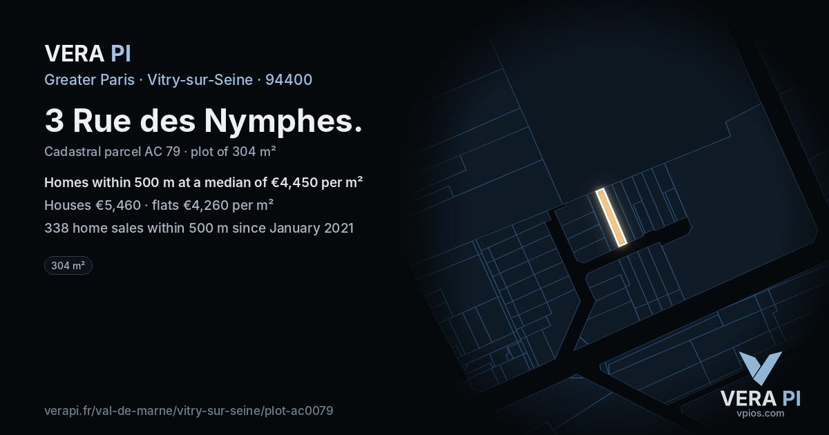 3 Rue des Nymphes, Vitry-sur-Seine at night – the plot lit, the parcels around coloured by the prices near them