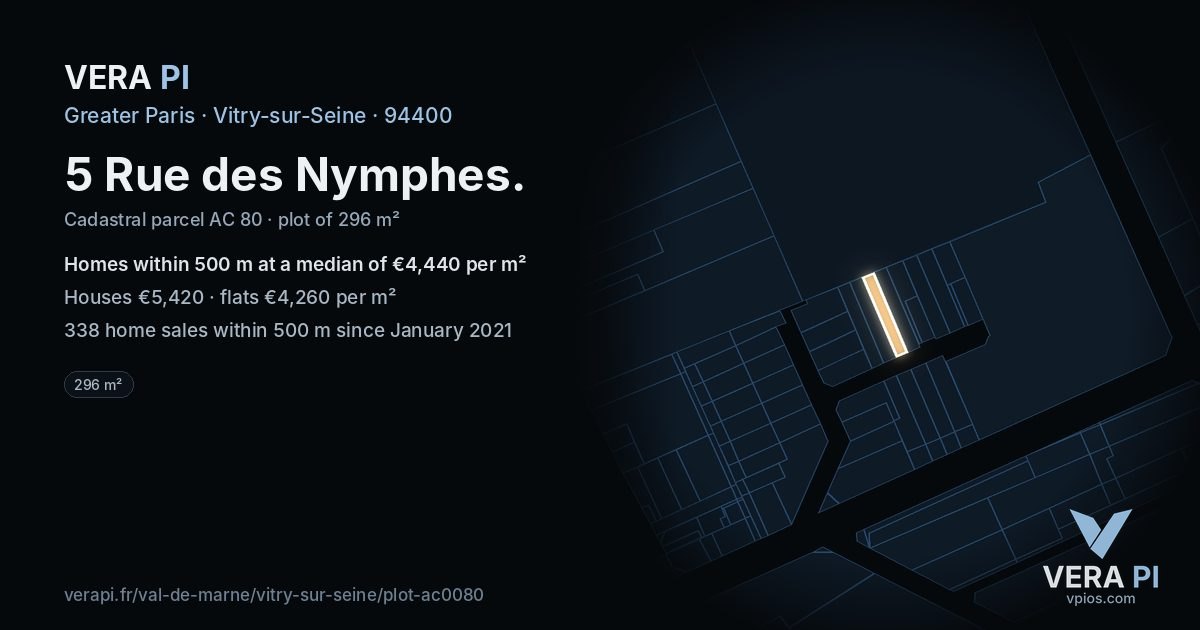 5 Rue des Nymphes, Vitry-sur-Seine at night – the plot lit, the parcels around coloured by the prices near them