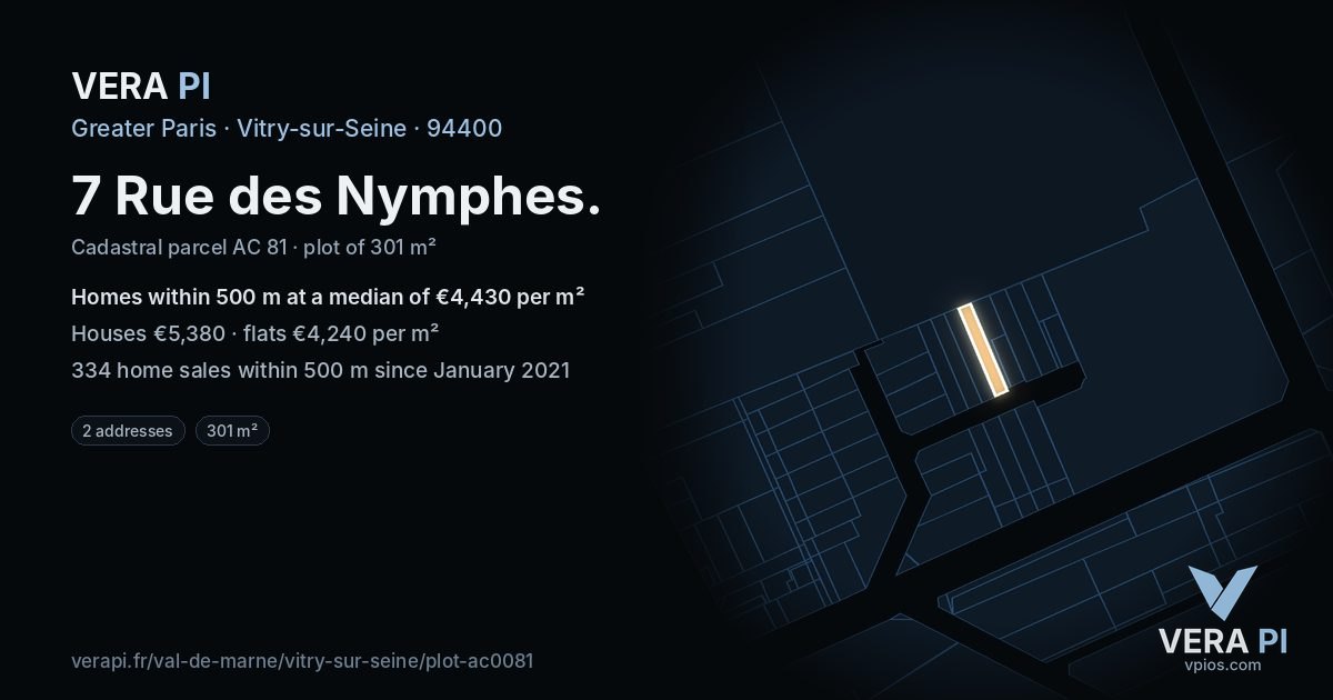 7 Rue des Nymphes, Vitry-sur-Seine at night – the plot lit, the parcels around coloured by the prices near them