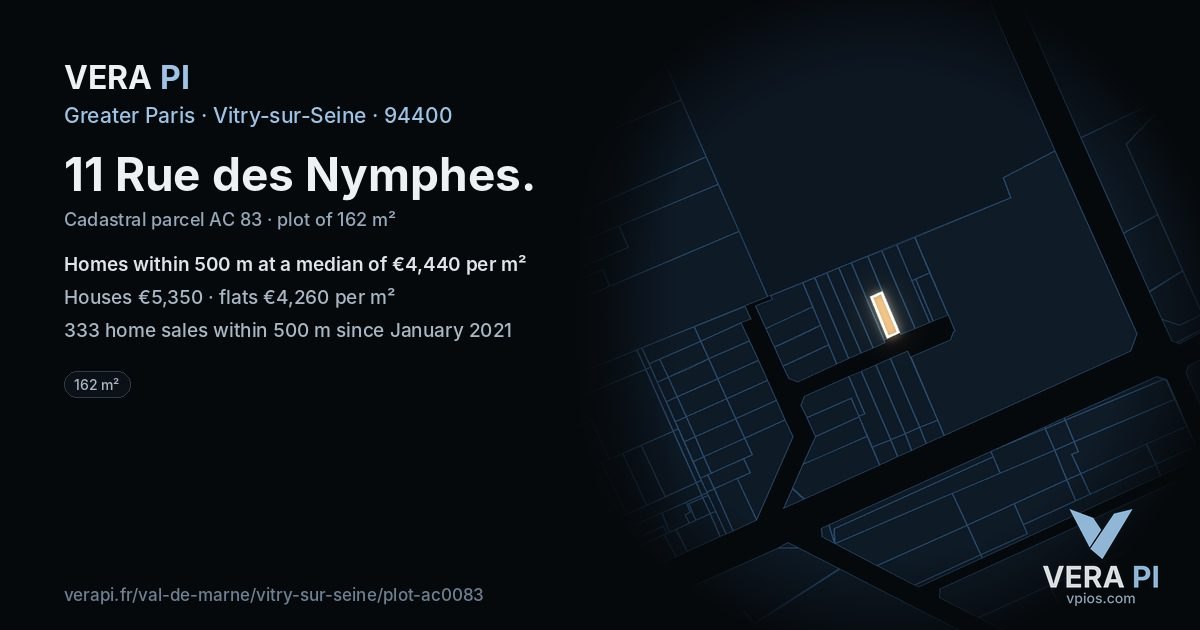 11 Rue des Nymphes, Vitry-sur-Seine at night – the plot lit, the parcels around coloured by the prices near them