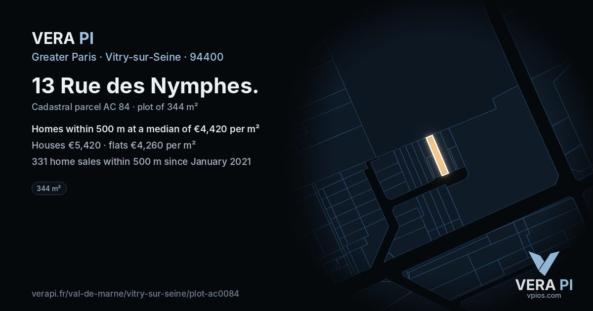 13 Rue des Nymphes, Vitry-sur-Seine at night – the plot lit, the parcels around coloured by the prices near them