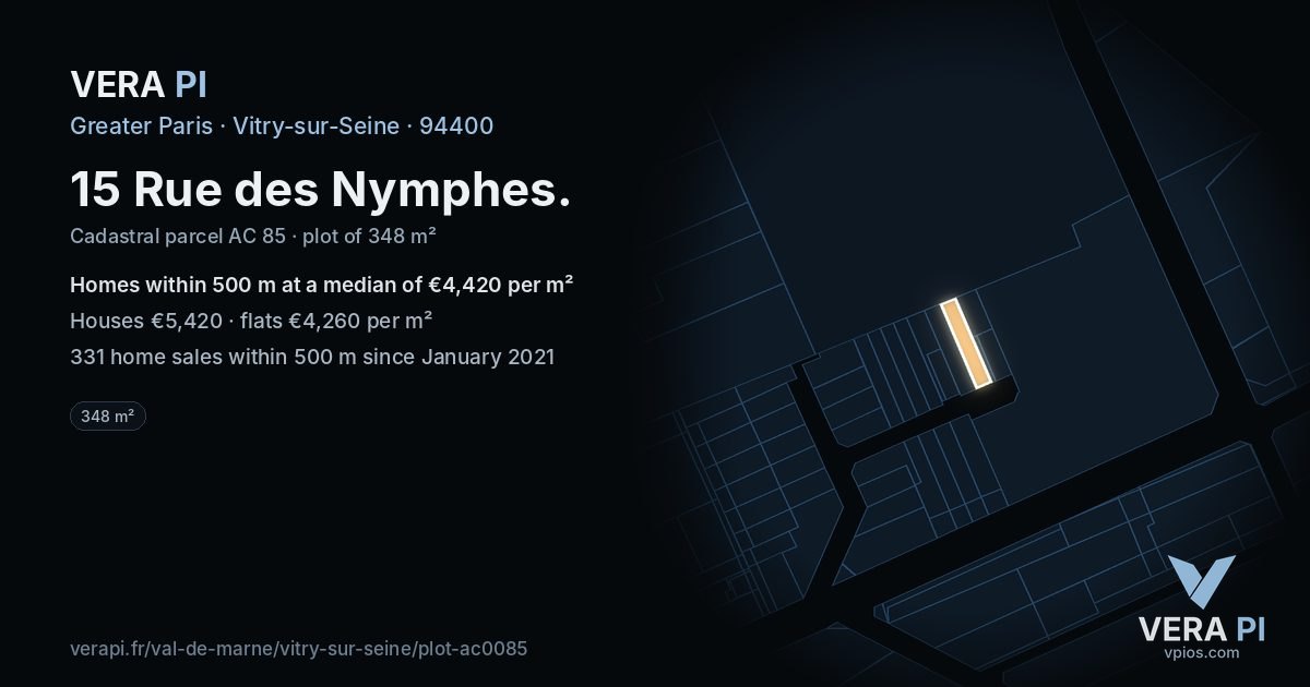 15 Rue des Nymphes, Vitry-sur-Seine at night – the plot lit, the parcels around coloured by the prices near them