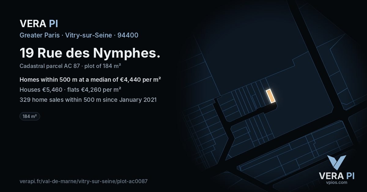 19 Rue des Nymphes, Vitry-sur-Seine at night – the plot lit, the parcels around coloured by the prices near them