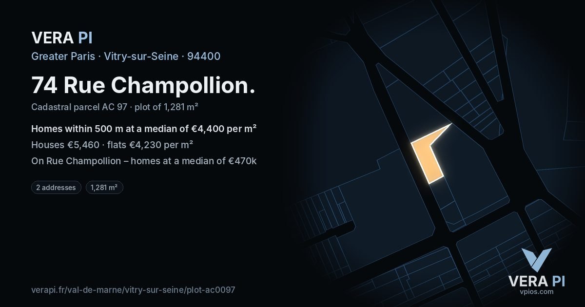 74 Rue Champollion, Vitry-sur-Seine at night – the plot lit, the parcels around coloured by the prices near them
