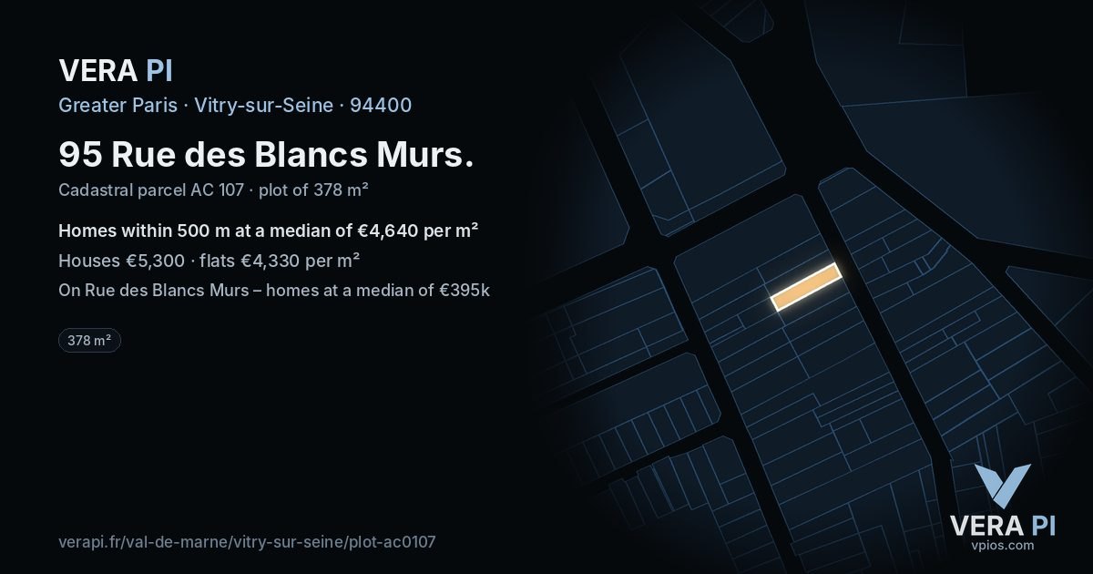95 Rue des Blancs Murs, Vitry-sur-Seine at night – the plot lit, the parcels around coloured by the prices near them