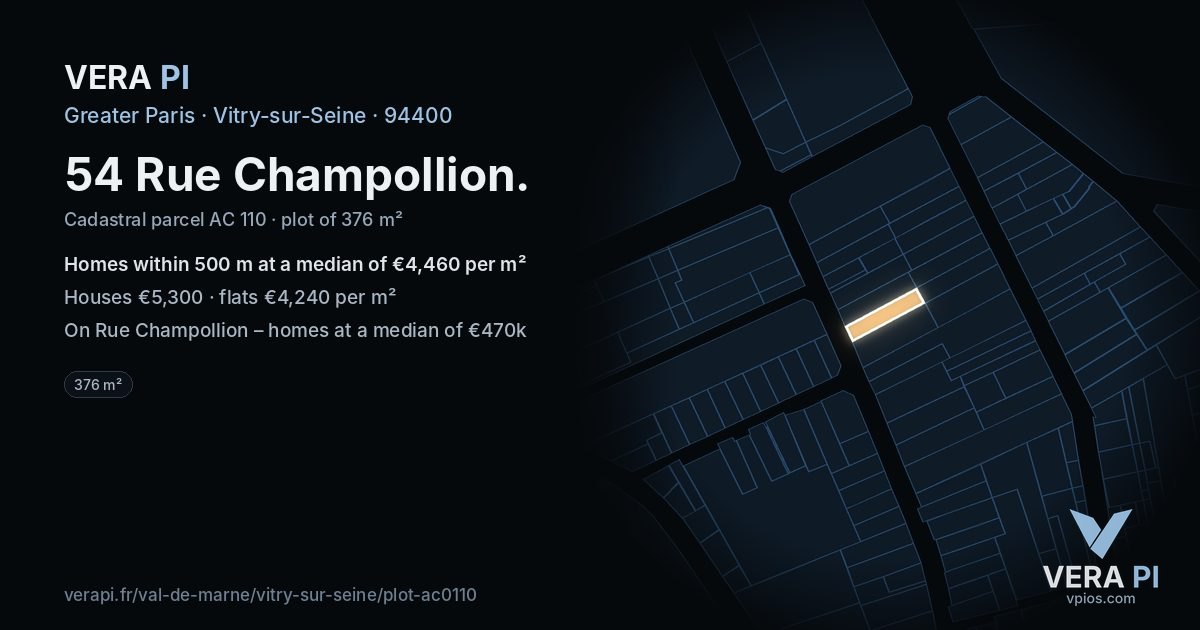 54 Rue Champollion, Vitry-sur-Seine at night – the plot lit, the parcels around coloured by the prices near them