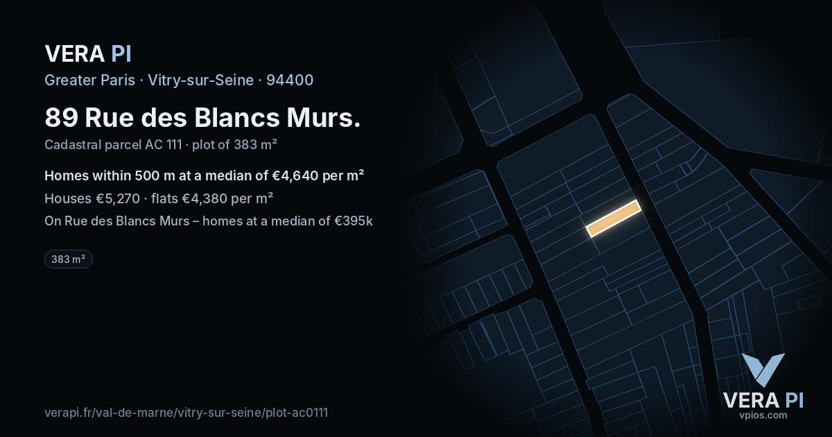 89 Rue des Blancs Murs, Vitry-sur-Seine at night – the plot lit, the parcels around coloured by the prices near them