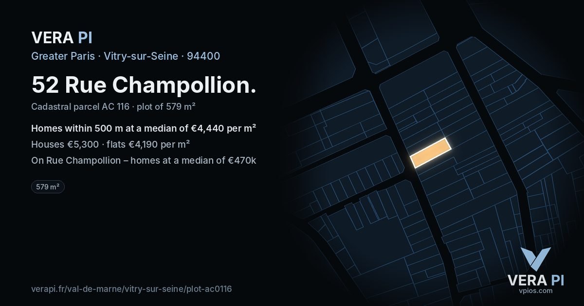 52 Rue Champollion, Vitry-sur-Seine at night – the plot lit, the parcels around coloured by the prices near them