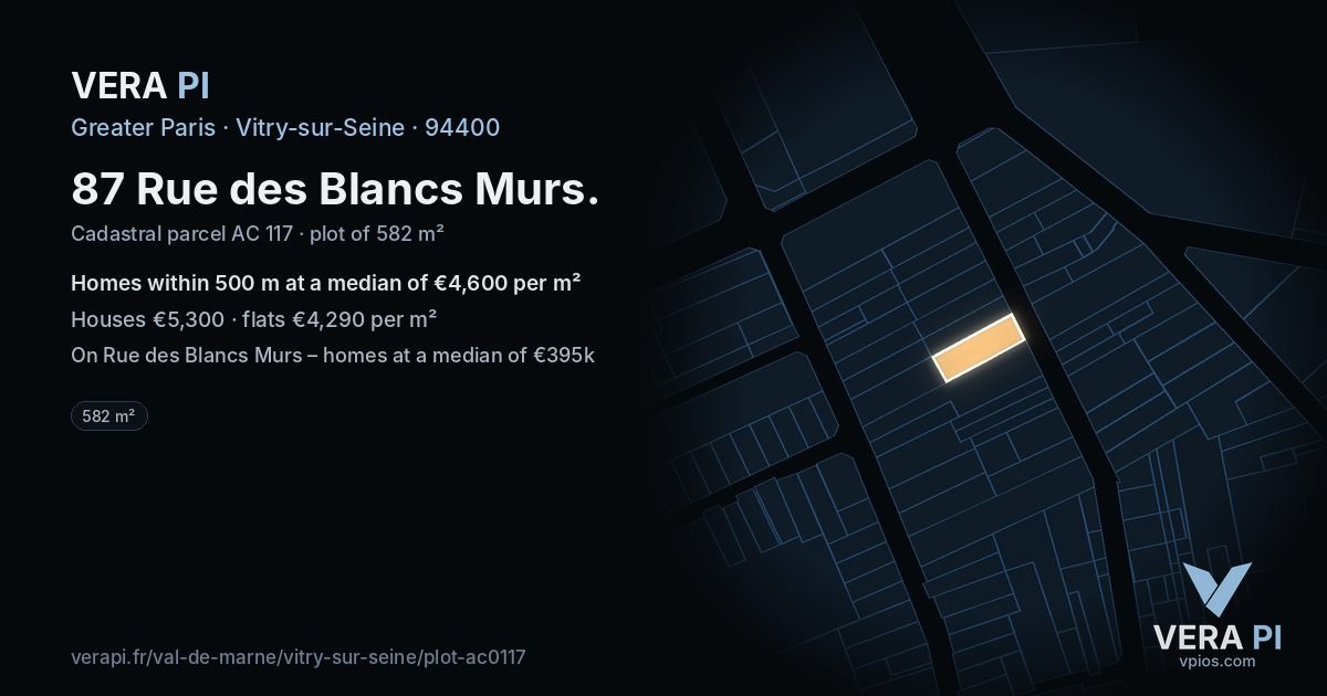 87 Rue des Blancs Murs, Vitry-sur-Seine at night – the plot lit, the parcels around coloured by the prices near them