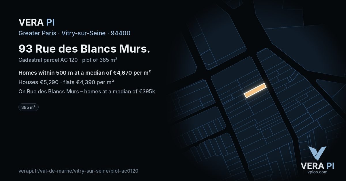 93 Rue des Blancs Murs, Vitry-sur-Seine at night – the plot lit, the parcels around coloured by the prices near them