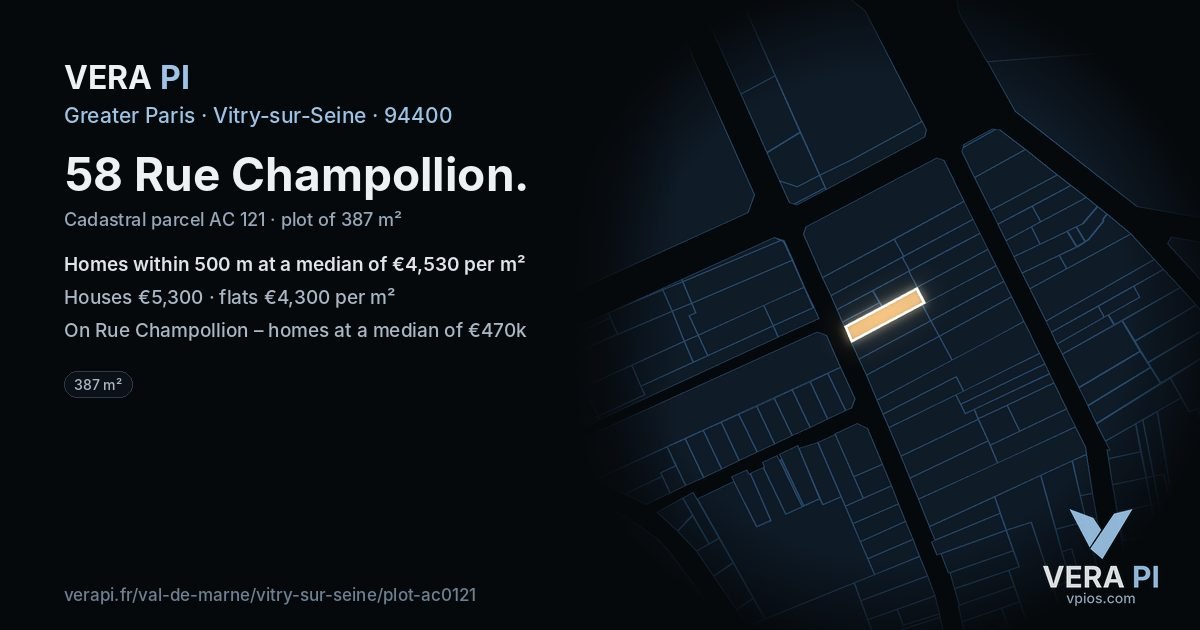 58 Rue Champollion, Vitry-sur-Seine at night – the plot lit, the parcels around coloured by the prices near them