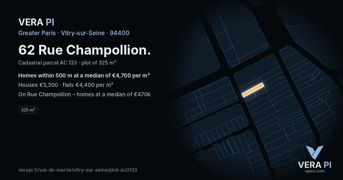 62 Rue Champollion, Vitry-sur-Seine at night – the plot lit, the parcels around coloured by the prices near them