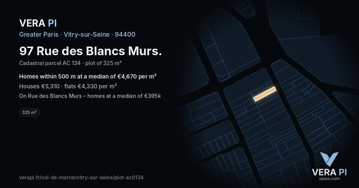 97 Rue des Blancs Murs, Vitry-sur-Seine at night – the plot lit, the parcels around coloured by the prices near them